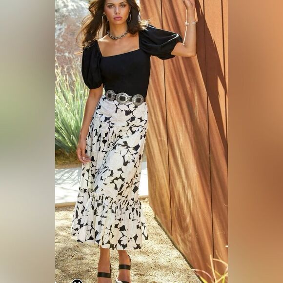 Boston Proper Black & White Floral Print Midi Skirt - Picture 1 of 10